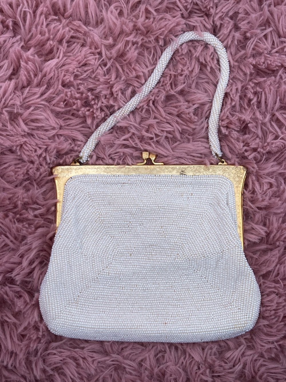 Vintage 1950s Beaded White Evening Handbag with Gold Frame - Picture 2 of 3